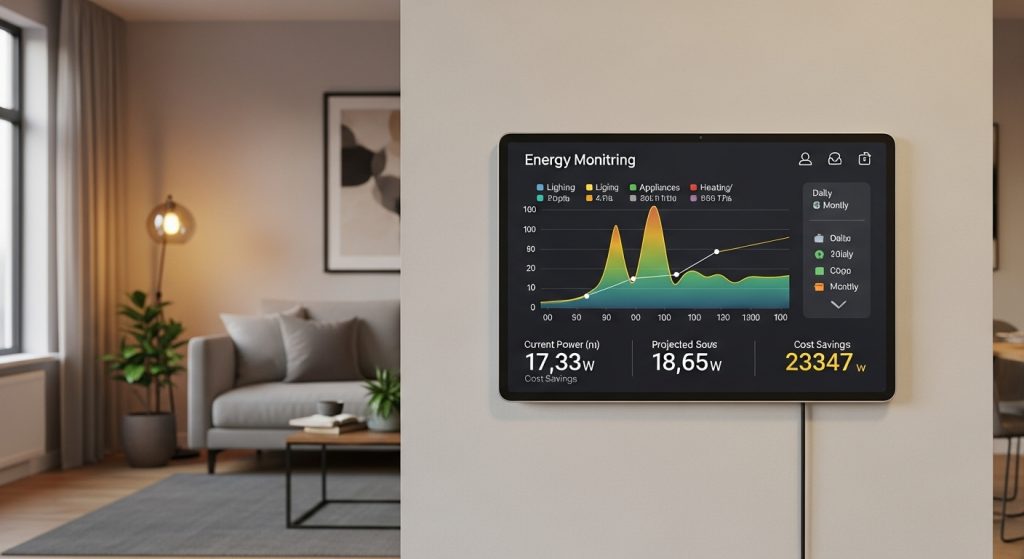 Wall monitor displaying home energy in a modern living room